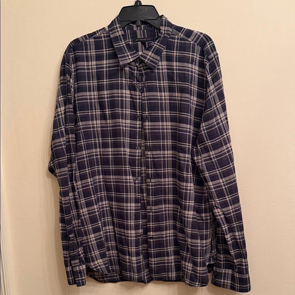 John Varvatos Dark Blue and White Plaid Shirt